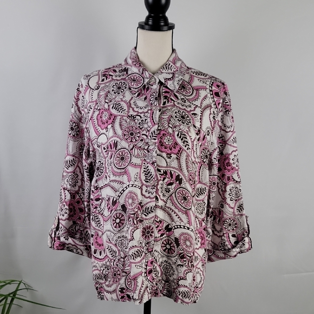 JM Collection Size 10 100% Linen White Pink Floral Roll Tab Sleeve Button Down